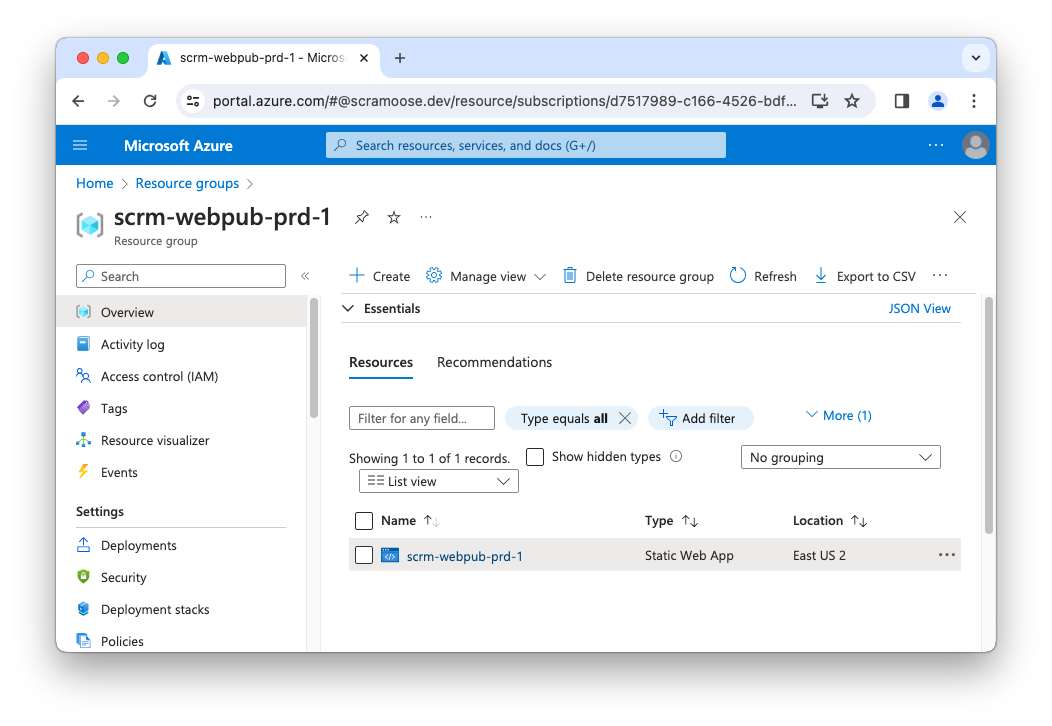 Static Web App resource inside resource group