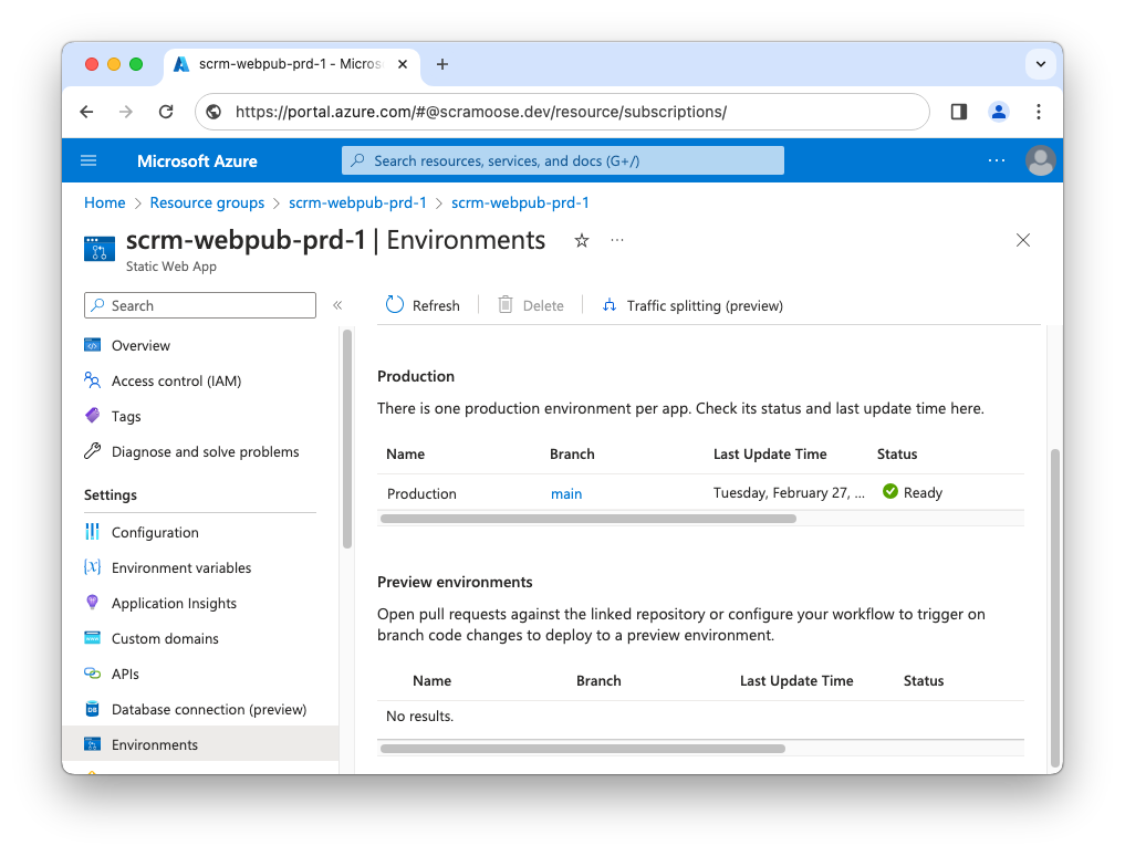 Preview deleted from Static Web App resource