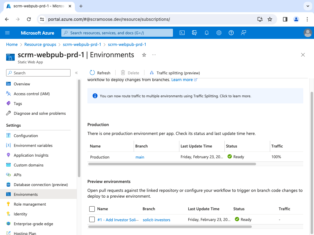 Static Web App environment preview