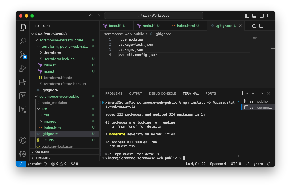 VS Code after install the SWA CLI