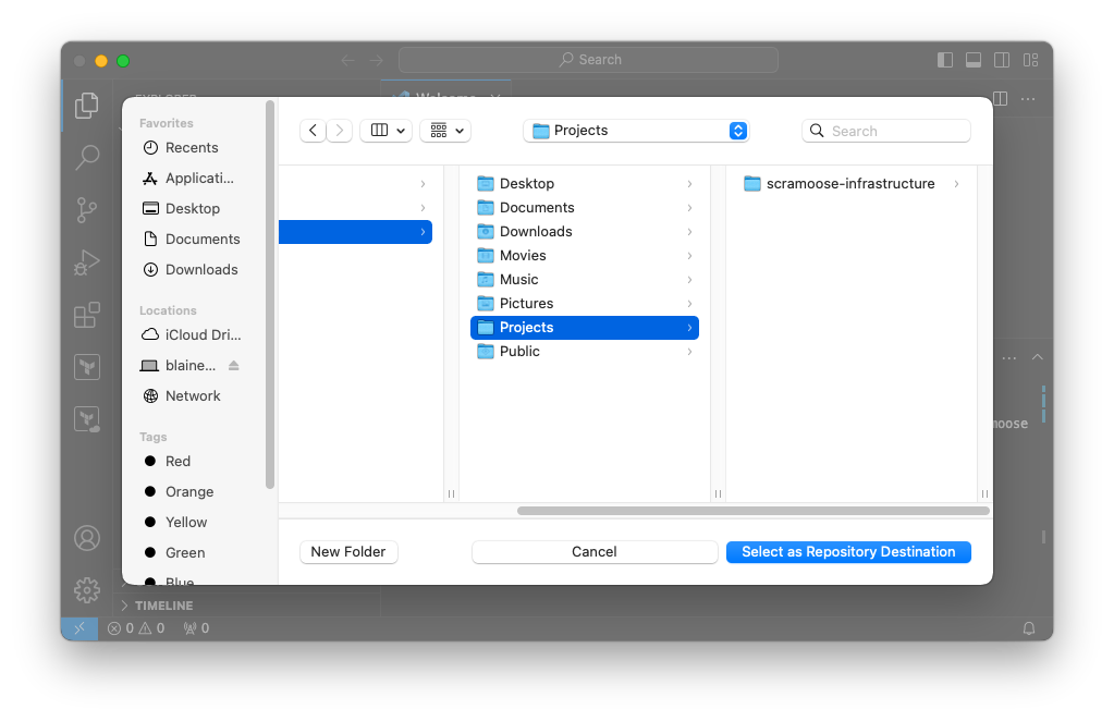 VS Code select Git clone folder destination