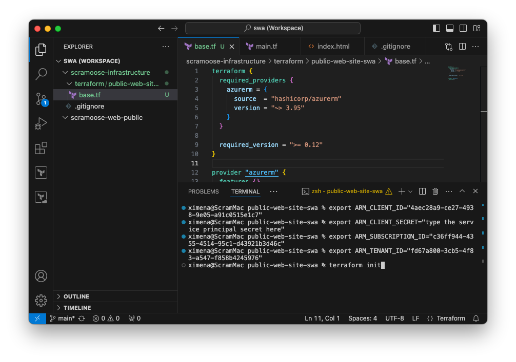 VS Code terraform init command