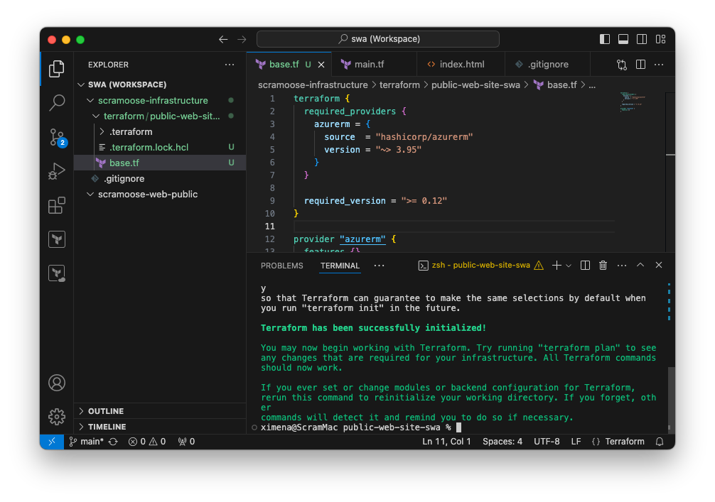 VS Code terraform init example