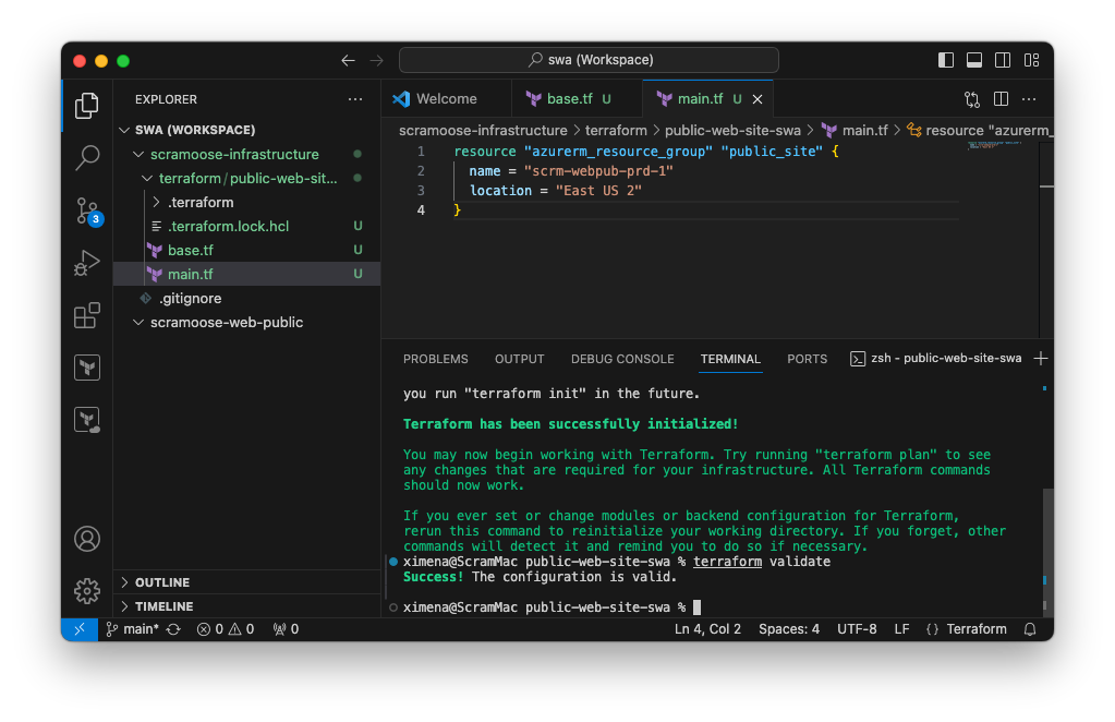 VS Code after terraform validate command
